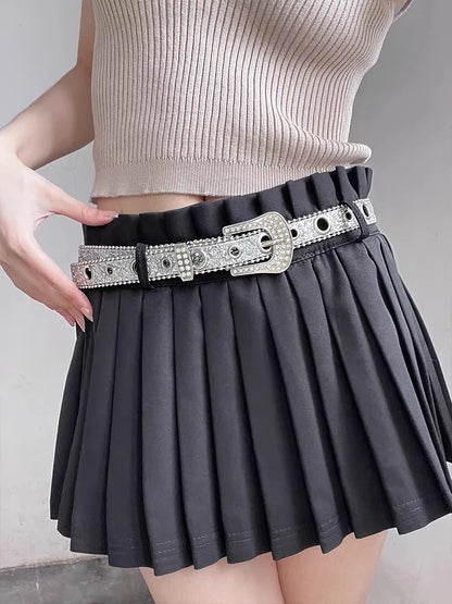 Black pleated skirt with gothic rhinestone belt for women showcasing stylish detail and fit