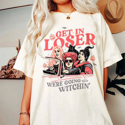 EtherealBe Halloween printed t-shirt for women featuring a fun graphic design with witches and playful text