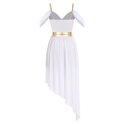 Womens Ancient Greek Costume Halloween Roman Queen Cosplay Dress Metallic Shiny Off Shoulder Sling Carnival Roleplay Dress Up