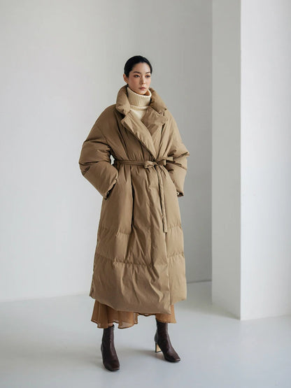 Winter New Stand Collar Long Down Jackets Loose Belt Long Sleeve Warm Coat Fashion Solid Cotton Padded Warm Down Overcoat Women
