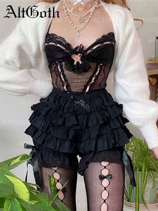 AltGoth Cute Jk Lolita Skirt Shorts Women Mall Goth Fairycore Grunge Streetwear Kawaii Bow Patchwork Cosplay Skirt Shorts Female
