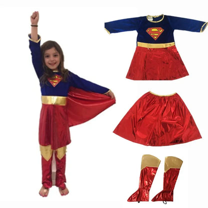 Superwoman dress cosplay costume for kids featuring a blue top and red skirt with matching boots
