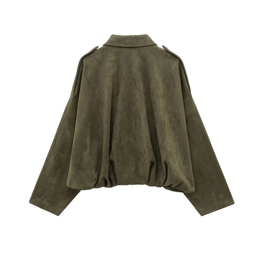 2025 Women Faux Suede Collared Jacket with Shoulder Straps Loose Fit Stylish Olive Green for Sale on