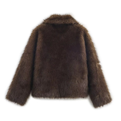 HH Winter Woman Elegant Casual Warm Coat Women Lapel Buttons Pocket Long Sleeves Outwear Reversible Faux Fur Effect Jacket