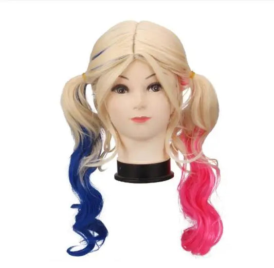 Harley Quinn kids cosplay costume wig with blonde hair and pink and blue curled accents