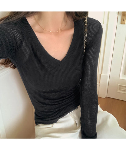 Autumn Sexy Classic V-neck Knitted Female T-shirts New Elastic Fashion Slim Simple Casual Pure Color Long Sleeves Women T-shirts