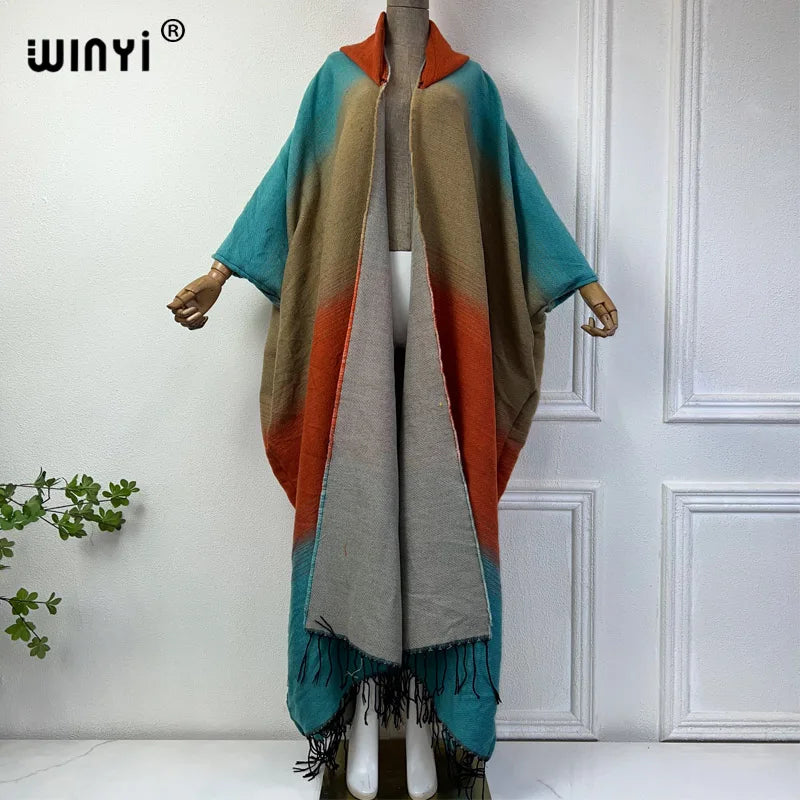 WINYI Winter coat outfits Women boho dress print Thick Warm Female kaftan loose cardigan dress Hooded mop coat fashion Abaya