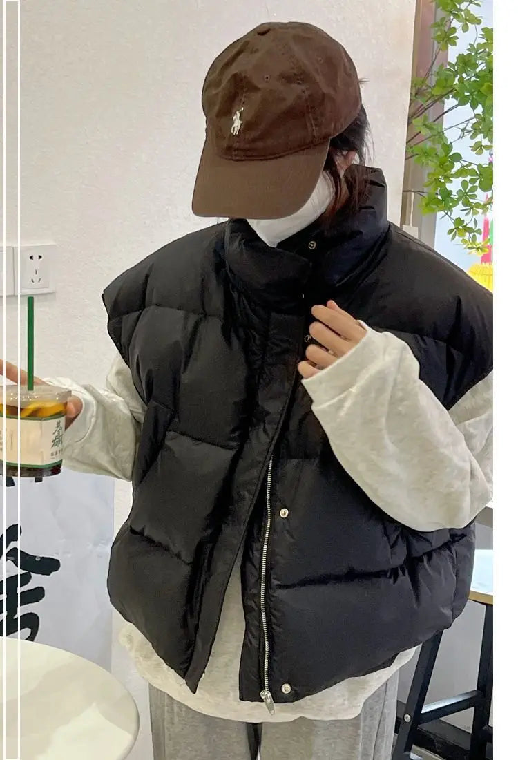 Stand Collar Sleeveless Down Cotton Jacket Women's Autumn Winter New  Loose Warm Hooded  Short Waistcoat Outwear Female