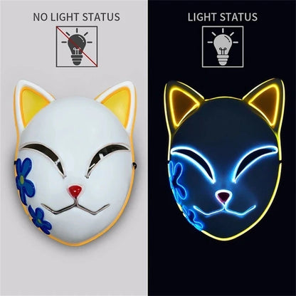 EtherealBe Halloween cat LED face mask showing light and no light status with colorful design