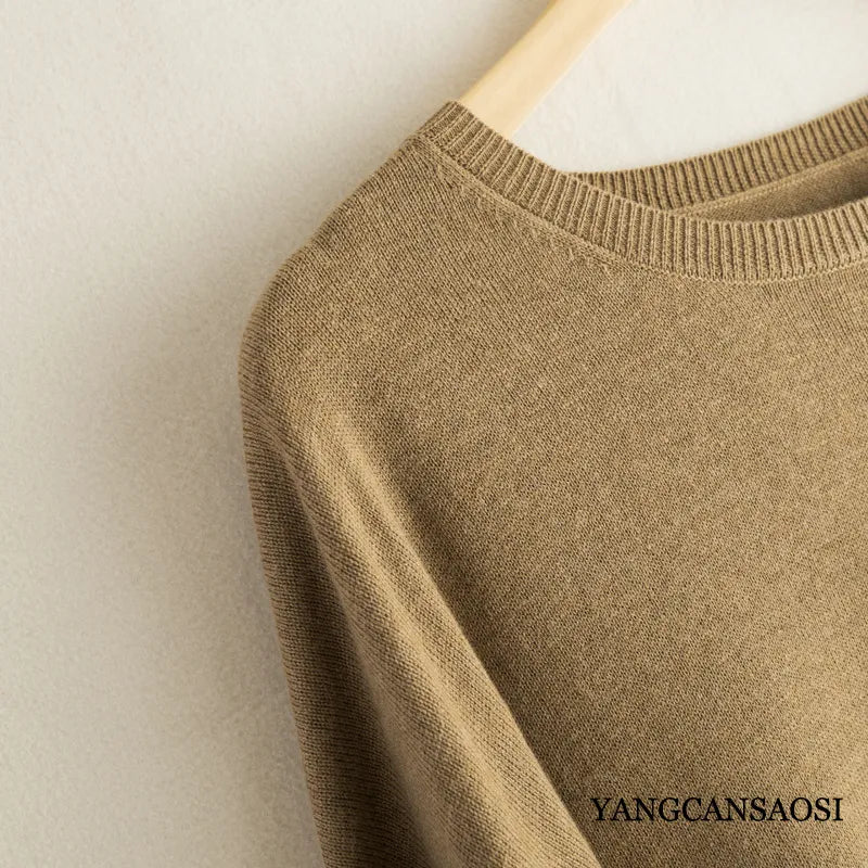 Silk Cashmere Sweater Women's Mulberry Silk Round Neck Solid Color Bottomed Shirt Top Medium Long Batwing Sleeve Loose Sweater