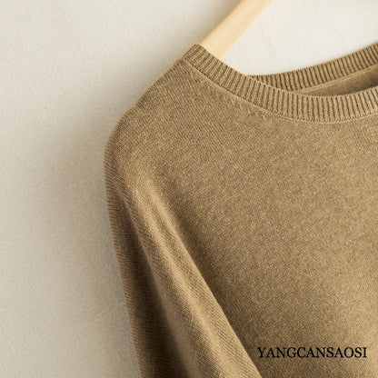 Silk Cashmere Sweater Women's Mulberry Silk Round Neck Solid Color Bottomed Shirt Top Medium Long Batwing Sleeve Loose Sweater
