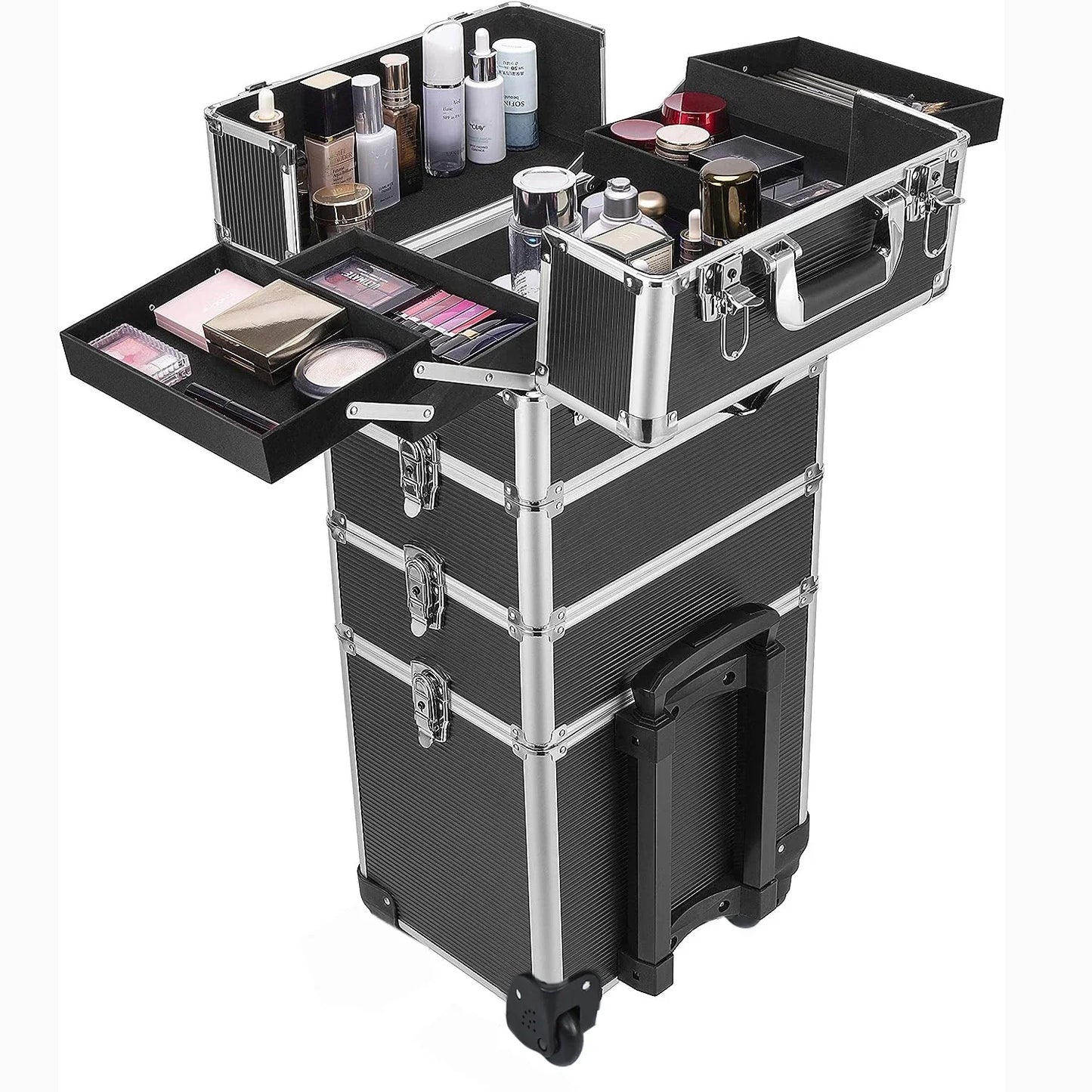 4 in 1 Trolley Make Up Case Cosmetic Nail Hairdressing Beauty Vanity Trolley Rolling Train Case Large Capacity Luggage Bag