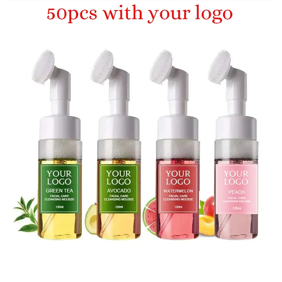 120ml Custom Logo Face Wash Private Label with Brush Avocado Watermelon Green Tea Cleansing Mousse Liquid Face Clean Makeup Milk