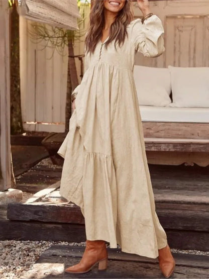Autumn Winter Women's Clothing New Fashion Solid Color Button Cotton Linen Retro Casual Long Sleeved Dress Big Swing Long Skirt