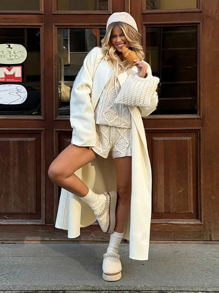 White Cable Knit Argyle Hooded Co-ord Set Long Sleeve Sweater Bodycon Shorts 2025 Cozy Retro Women Sets Daiy Casual Lady Outfit
