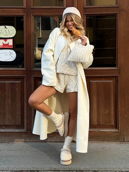 White Cable Knit Argyle Hooded Co-ord Set Long Sleeve Sweater Bodycon Shorts 2025 Cozy Retro Women Sets Daiy Casual Lady Outfit