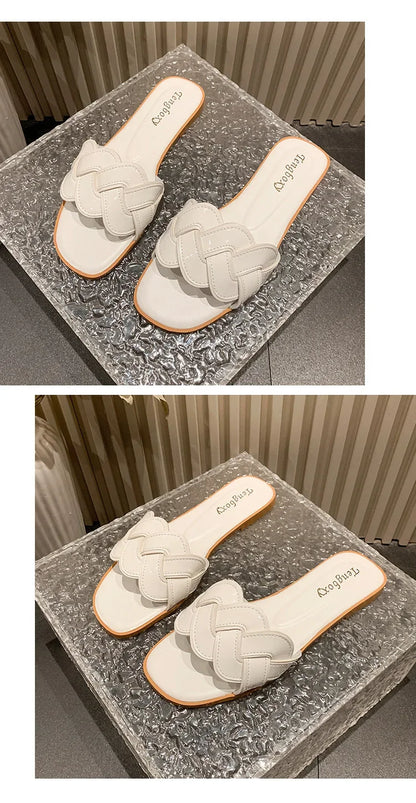 Summer 2025 New Women's Slippers Summer Square Toe Flat Shoes Women's Wide Version Slippers Sandals Outdoor Daily Casual Shoes
