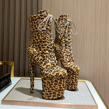 Sexy Fetish Leopard 20cm/8Inch Women's high-heeled Ankle Boots Lace-up Zip Platform Suede Pole Dance Shoes Large Size 44 WESTERN