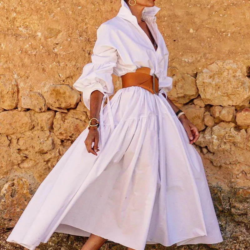 2024 Autumn New Women's Clothing Solid Color Fashionable Temperament Long Sleeved Sleeve Lace Up Casual Mid Length Lapel Dress