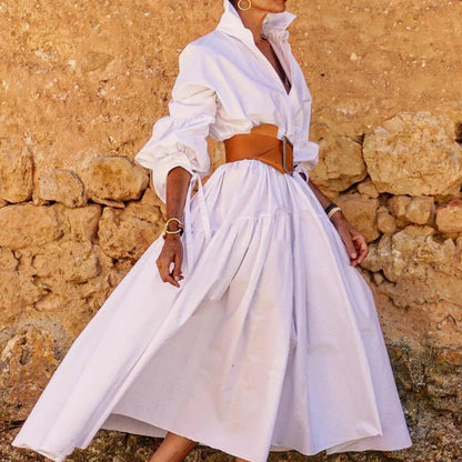 2024 Autumn New Women's Clothing Solid Color Fashionable Temperament Long Sleeved Sleeve Lace Up Casual Mid Length Lapel Dress