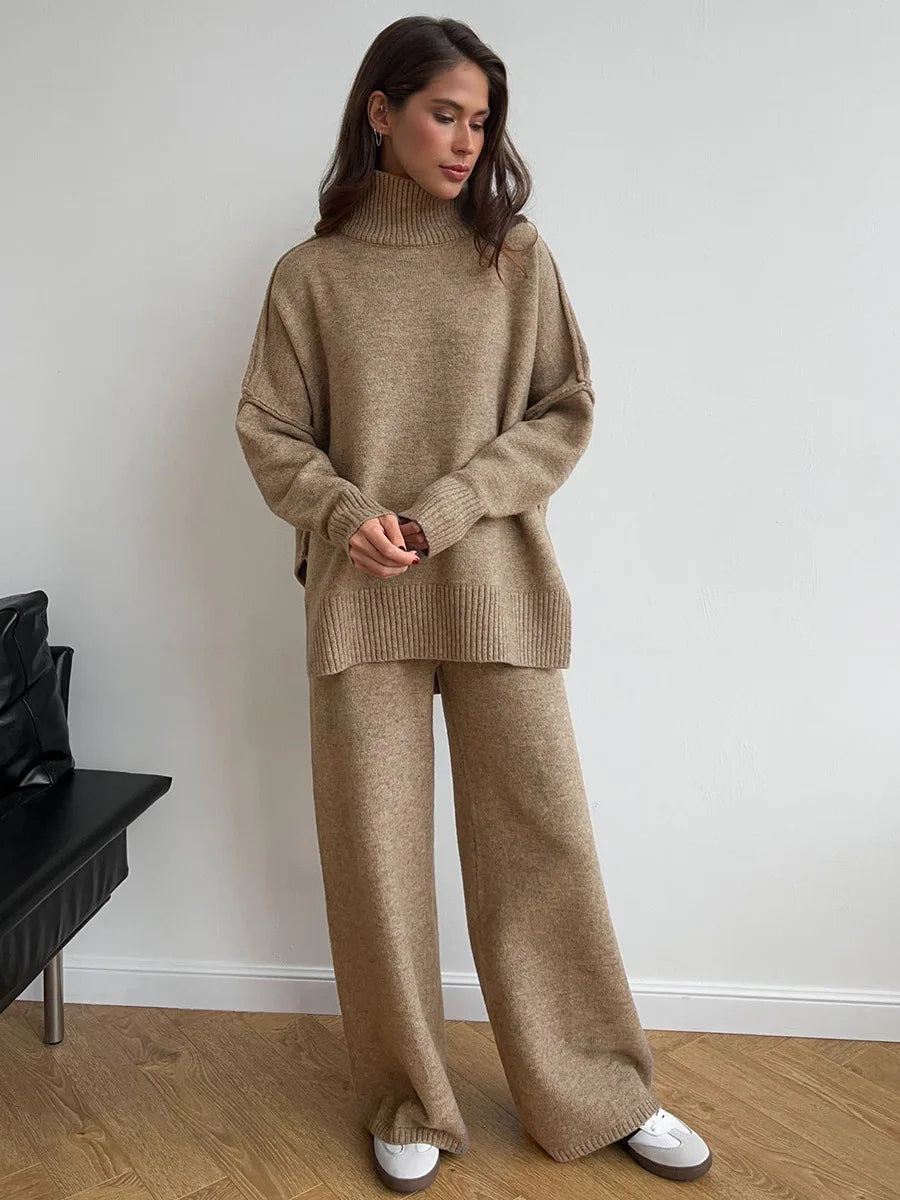 Bornladies Women's Autumn Winter Turtleneck Sweater Pants Set Loose Casual Knitted Sweater  Thicke Loose Pullover 2 Pieces Sets
