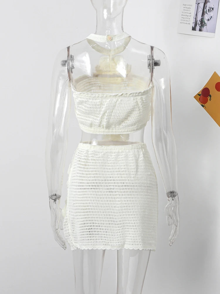 Chic 3D Floral Knitted Halter Beach Dress Women's Sexy Hollow Out Sleeveless Backless Mini Dress 2024 New Holiday Lady Vestidos