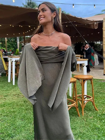 Elegant Pleats Dress For Women Fashion O-neck Long Sleeve Dresses Female 2024 Sping Summer Rose Red Maxi Ladies Vestidos