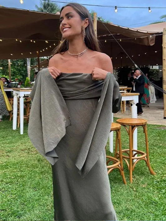 Elegant Pleats Dress For Women Fashion O-neck Long Sleeve Dresses Female 2024 Sping Summer Rose Red Maxi Ladies Vestidos