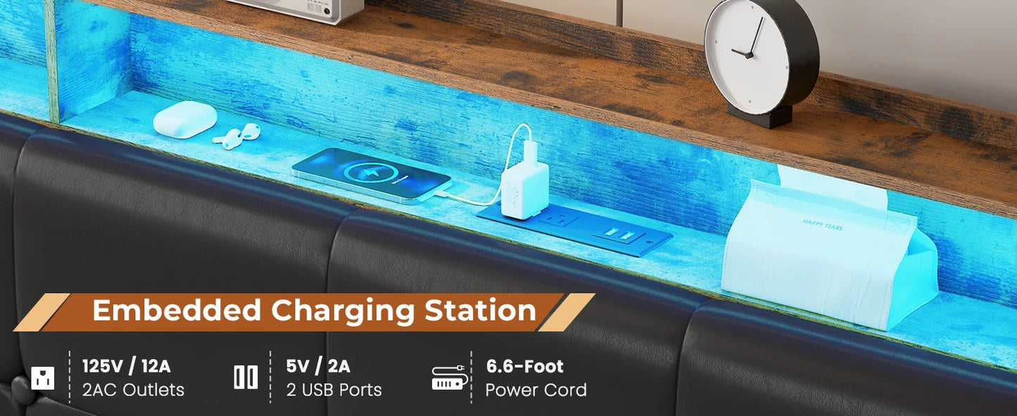 King Size Bed Frame w 4 Storage Drawers,Charging Station and LED Lights,Upholstered Bed Frame w Button Tufted Wingback Headboard