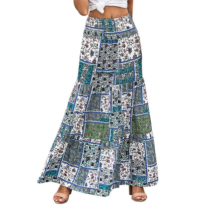 Women Skirts New Fashion All-Match Skirt Loose Elastic Waist Floral Print Ethenic Style Boho Skirt Bohemian Vintage Skirt