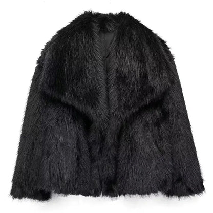 HH Winter Women Elegant Warm Plush Coat Turn-Down Collar Thick Cardigan Coat Female Pocket Long Sleeve Short Outerwear Mujer