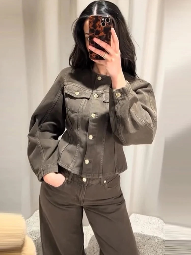 Vintage Solid Denim Jacket Pants Sets Women O-neck Single Breasted Long Sleeve Coat Wide Leg Trousers 2025 Jeans Outfits Street