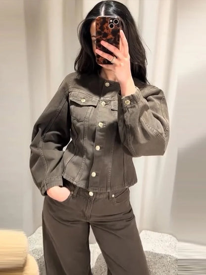 Vintage Solid Denim Jacket Pants Sets Women O-neck Single Breasted Long Sleeve Coat Wide Leg Trousers 2025 Jeans Outfits Street