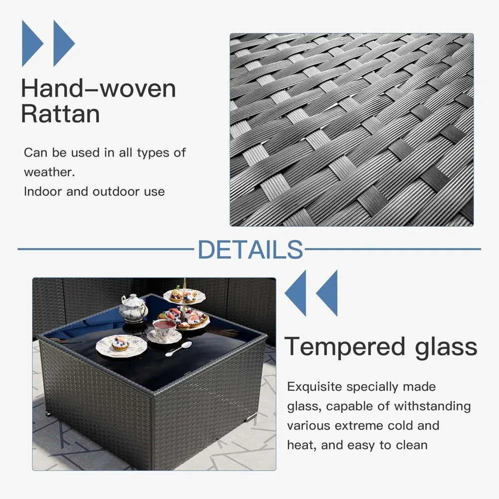 7 Pieces Patio Furniture Set - Outdoor Sectional Wicker Rattan Furniture with Cushion and Glass Table Patio Poolside Backyard