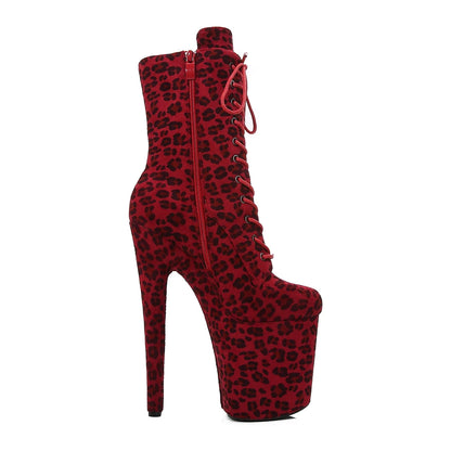 Sexy Fetish Leopard 20cm/8Inch Women's high-heeled Ankle Boots Lace-up Zip Platform Suede Pole Dance Shoes Large Size 44 WESTERN