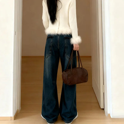 Autumn 2025 High Waist Slim Tapered Wide Leg Jeans Y2K Vintage Blue Denim Pants Dongdaemun Curved Hem for Women