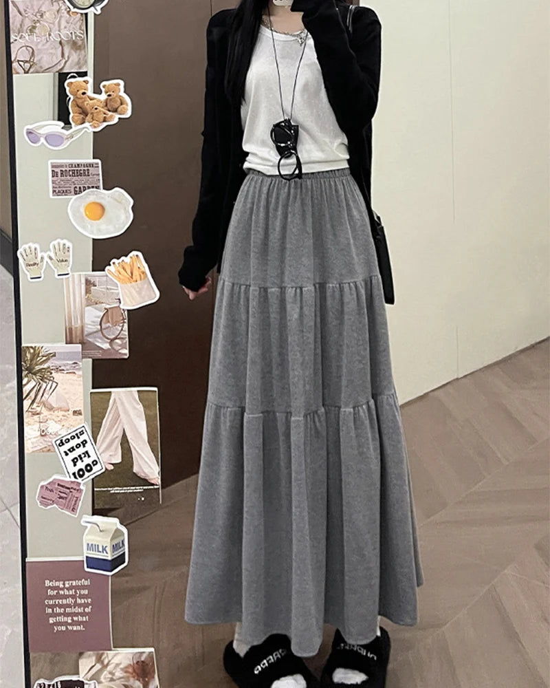 Autumn Casual Knit Pleated Skirt for Women Elegant Solid Color A Line Long Skirts Korean Streetwear High Waist Patchwork Skirt