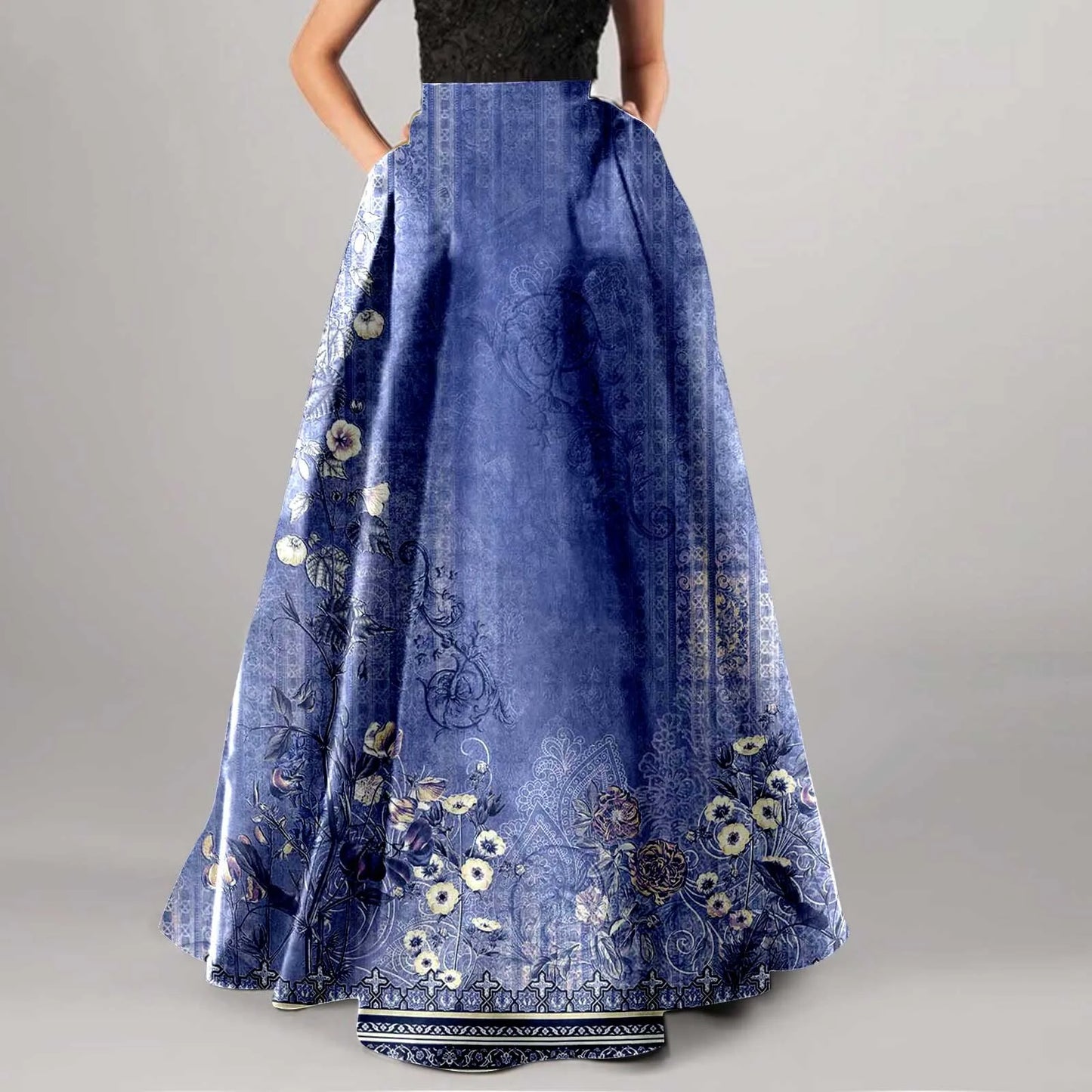 Vintage Floral Print Maxi Skirt High Waist Party Beach Long Skirts Spring Summer Casual Pocket Skirt For Women Elegant Vestidos