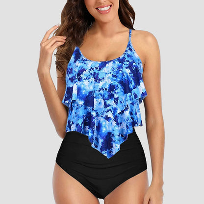 Chic Elegant Bikini Summer Multi-Layer Ruffled Edge Folds Crew Neck Sling Swimwear High Waist Thong Separate Two-Piece Swimsuit