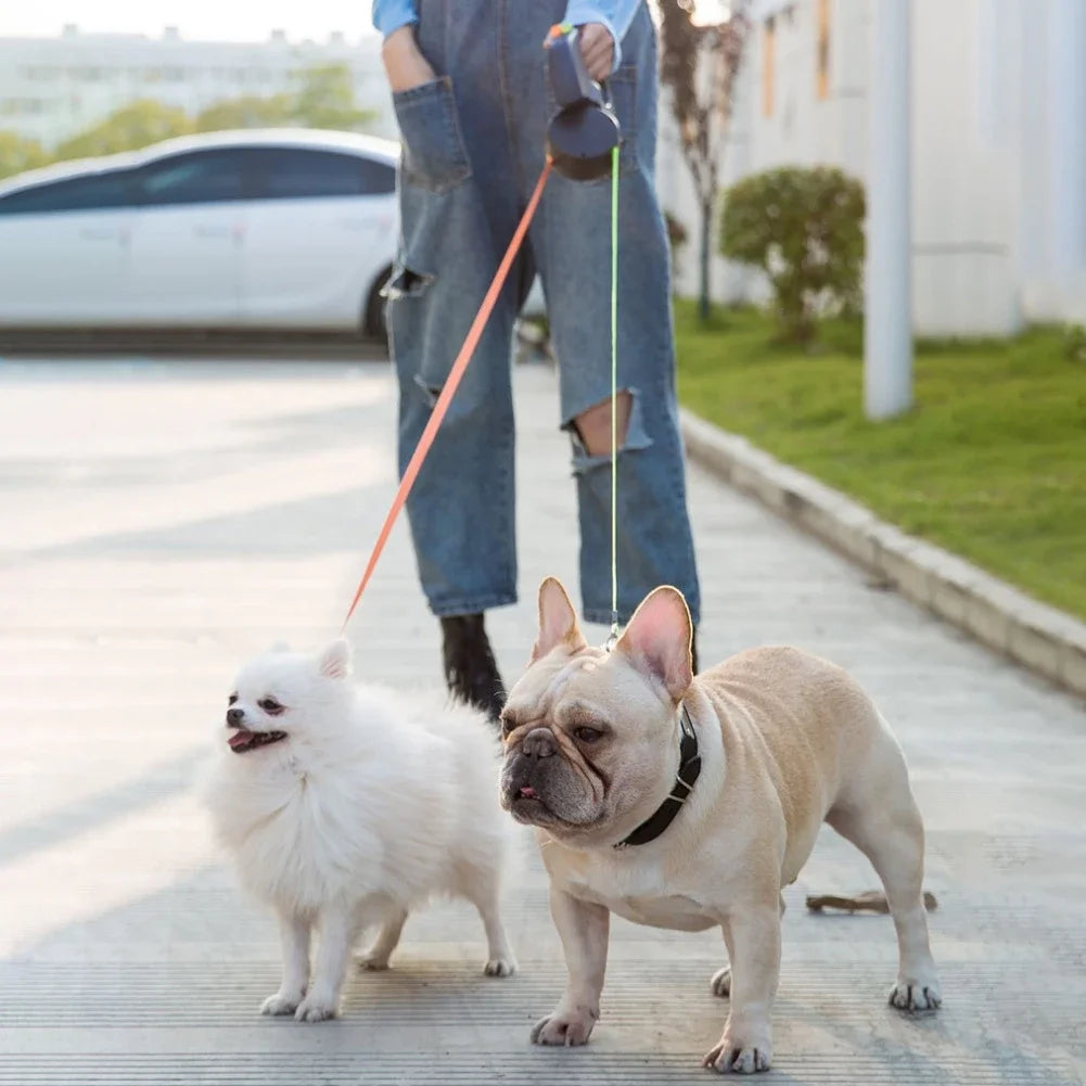 Double Head Dog Leash 360 Degree Nylon Traction Rope Automatic Retractable Outdoor Walking Leash Pet Accessories With Light