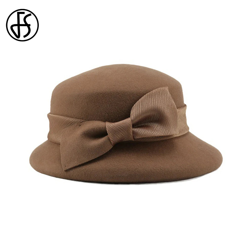 FS Fashion Warm Wool Felt Women's Fedoras Simple Chic Hats Bowknot Bucket Cap Ladies Top Hat Vintage Caps For Women