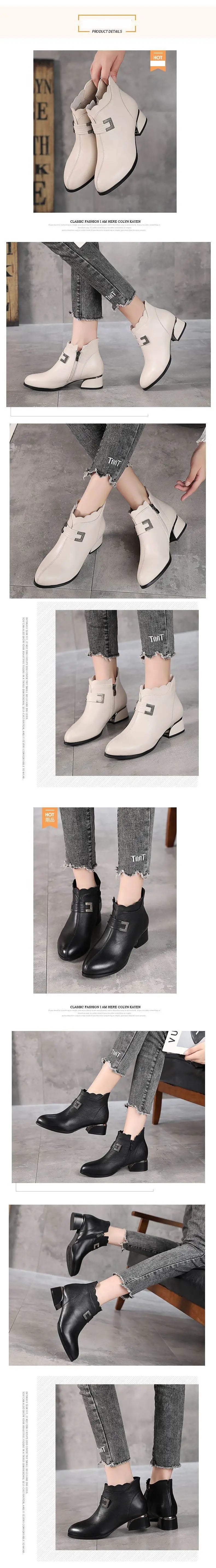 2025 Fashion Genuine Leather Ankle Boots Women Thick Heels Zipper Pointed Toe Autumn Winter Woman Shoes Soft Sole Short Boots