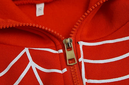 EtherealBe red spider web zipper hoodie for women close up showing gold zipper white web print size S