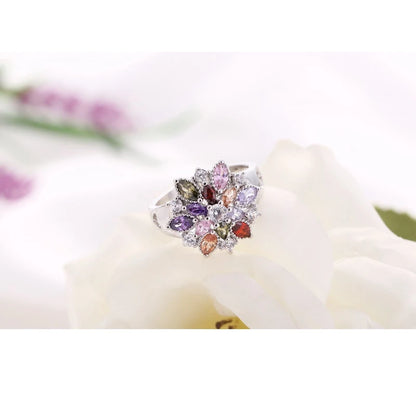 Ring Fashion 925 Sterling Silver Color Jewelry Colourful Cubic Zirconia Flower Design Cute Style Women Girls Party Engagement