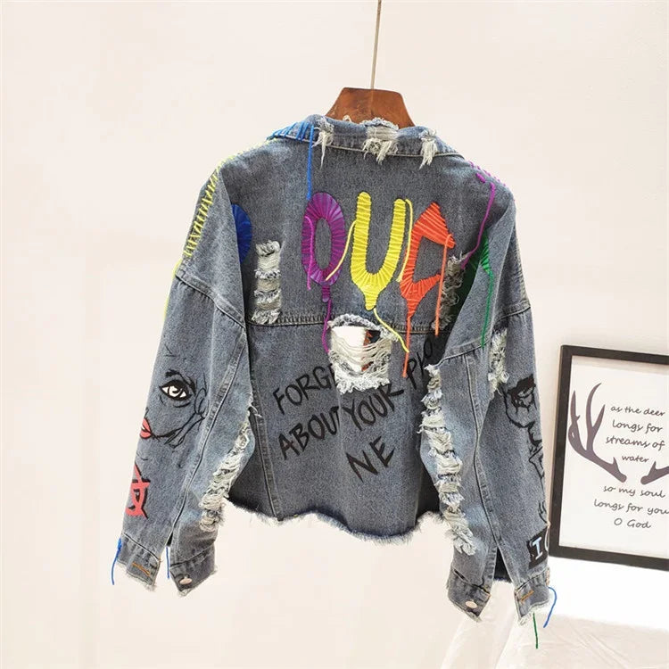 2025 Spring Autumn Women Street Fashion Graffiti Denim Jacket Female Short Frayed Raw Cut Rivet Jacket Fringe Jean Coat Outwear