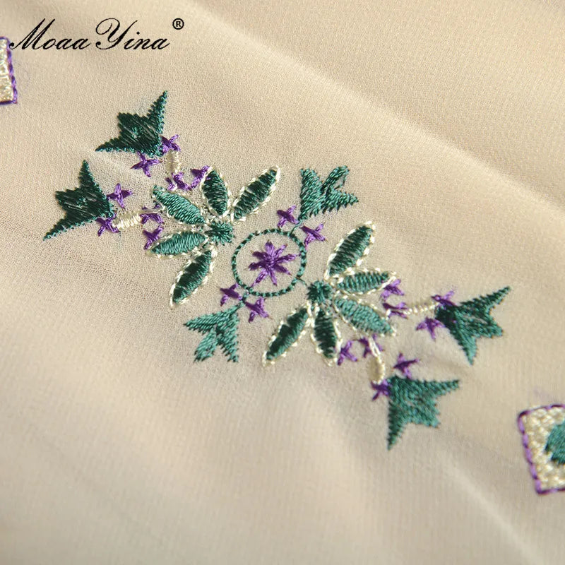 MoaaYina Fashion Designer Spring dress Women's Dress Turn-down Collar Lantern Long Sleeve Flower Embroidery Dresses