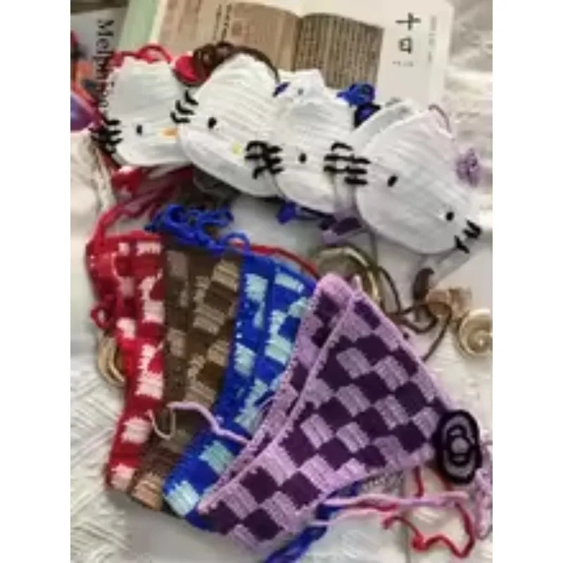 Sanrio Crochet Bikini Set Cute Girls Swimsuits Hello Kitty Sexy Bathing Suit Micro Ties Bikinis Beachwear Women Swimming Suit