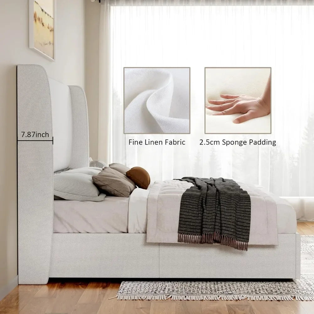 Lift Up Storage Bed  Linen Upholstered Platform Bed Frame/Hydraulic Storage/Modern Wingback Headboard/No Box Spring Needed