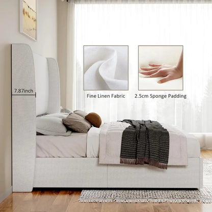 Lift Up Storage Bed  Linen Upholstered Platform Bed Frame/Hydraulic Storage/Modern Wingback Headboard/No Box Spring Needed