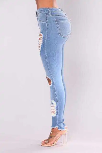 Europe and The United States New Fashion Elastic Ripped Pencil Jeans, Women's Spring and Autumn Slim-fit Small Leg Pants Jeans